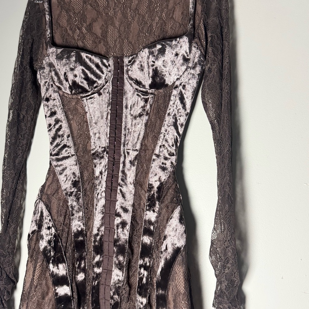 House of CB Taupe Velvet & Lace Long Sleeve Corset Dress - Picture 4 of 7